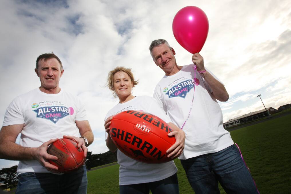 Brendan Dobson (left), Nat Stevens and Bernie Harris are drumming up support for the Leila Rose All-Stars football match to be staged at Friendly Societies’ Park on August 16.     150529AM31    Picture: ANGELA MILNE