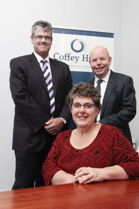 Coffey Hunt’s Chris Kol (left), Peter’s Project director Vicki Jellie and appeal chairman Peter Headen are all smiles after the latest donation from the accountancy firm. 