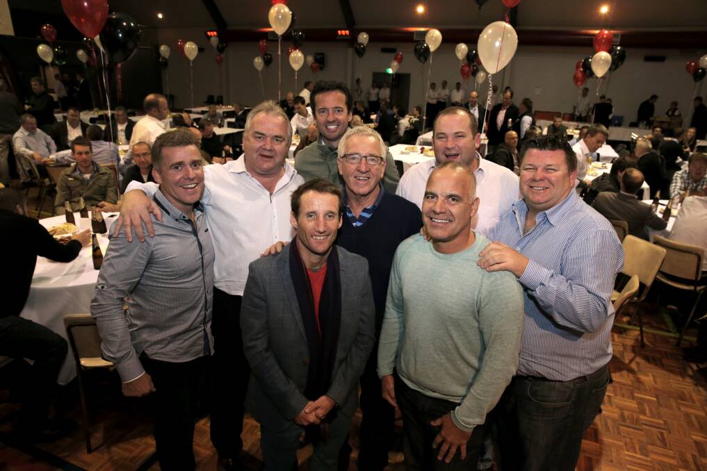 Guest speakers Adrian Gleeson (left), Sporting Bet’s Gerry Walsh, MC Hamish McLachlan (back), Damien Oliver, Mike Sheahan, Peter Moody (back), Greg Williams and Richard Callander at the Sport Lovers’ Night held at St Pius Hall. 140429RG78 Picture: ROB GUNSTONE