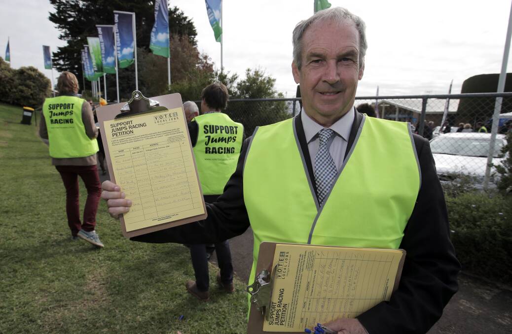 James Purcell with his Support Jumps Racing petition, outside the Warrnambool racecourse. Picture: LEANNE PICKETT