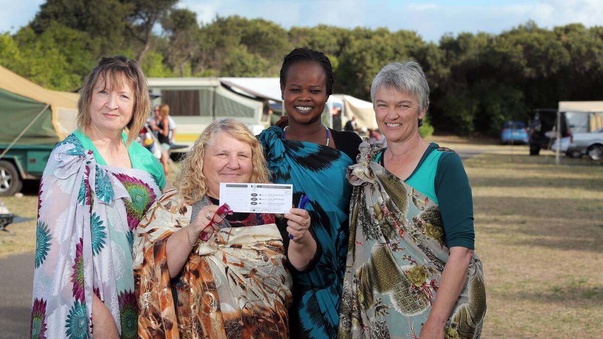 Kerry Bagshaw (left), Leanne Adebisi, Teresa Padiet and Trisha McGuiness are selling raffle tickets around the Warrnambool holiday parks to help raise money for the SOS Malakal South Sudan appeal. They are also organising an African Cultural Day to be held on Saturday. 
50118RG31 Picture: ROB GUNSTONE