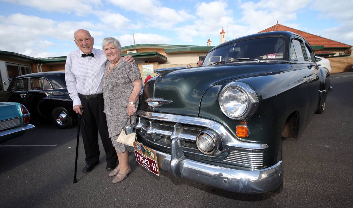 Warrnambool couple Keith and Pat Nelson prepare for Lyndoch’s annual date night after being chauffeured to the event in David Cook’s 1953 Chevrolet sedan last night. 150304DW40 Picture: DAMIAN WHITE