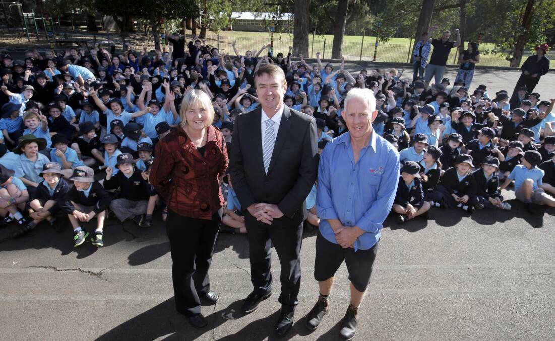 Timboon P-12 principal Rosalie Moorfield, member for Polwarth Terry Mulder and Timboon P-12 school council president Chris Hibburt were all smiles after yesterday’s $5.2m funding announcement. 