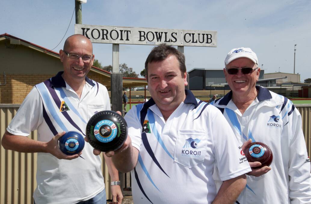Koroit bowlers Peter Daly (left), Steve Quinlan and Barry Padgham are enjoying their club’s successful resurgence in division one. 131004RG27 Picture: ROB GUNSTONE