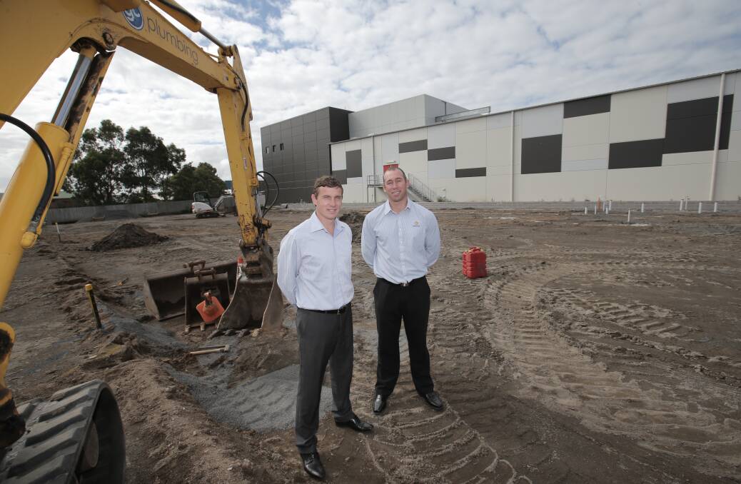 Warrnambool Mazda-Subaru dealer principal Allan Marsh (left) divisional manager with Fairbrother Construction, Billy Edis, at the site of the new multi-million-dollar dealership.                     140415VH03 Picture: VICKY HUGHSON