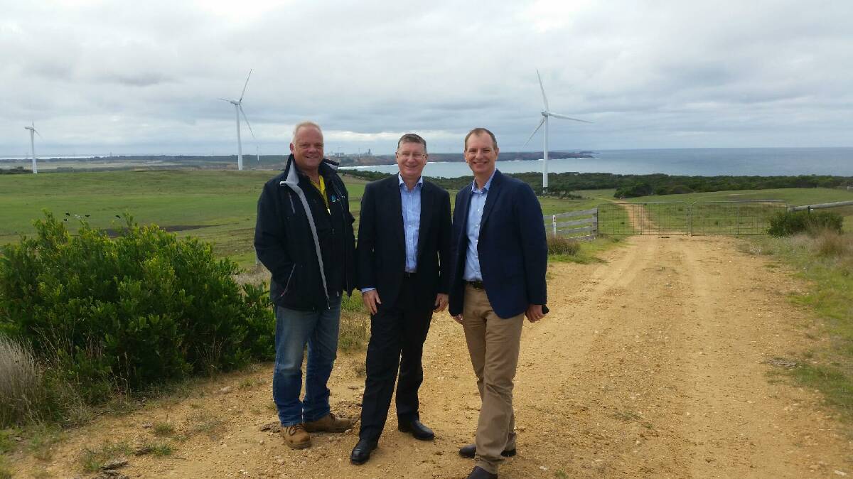 Pacific Hydro wind farm supervisor Peter Gram (left), member for South-West Coast Denis Napthine and opposition evnvironment spokesman David Southwick in the Portland region yesterday.