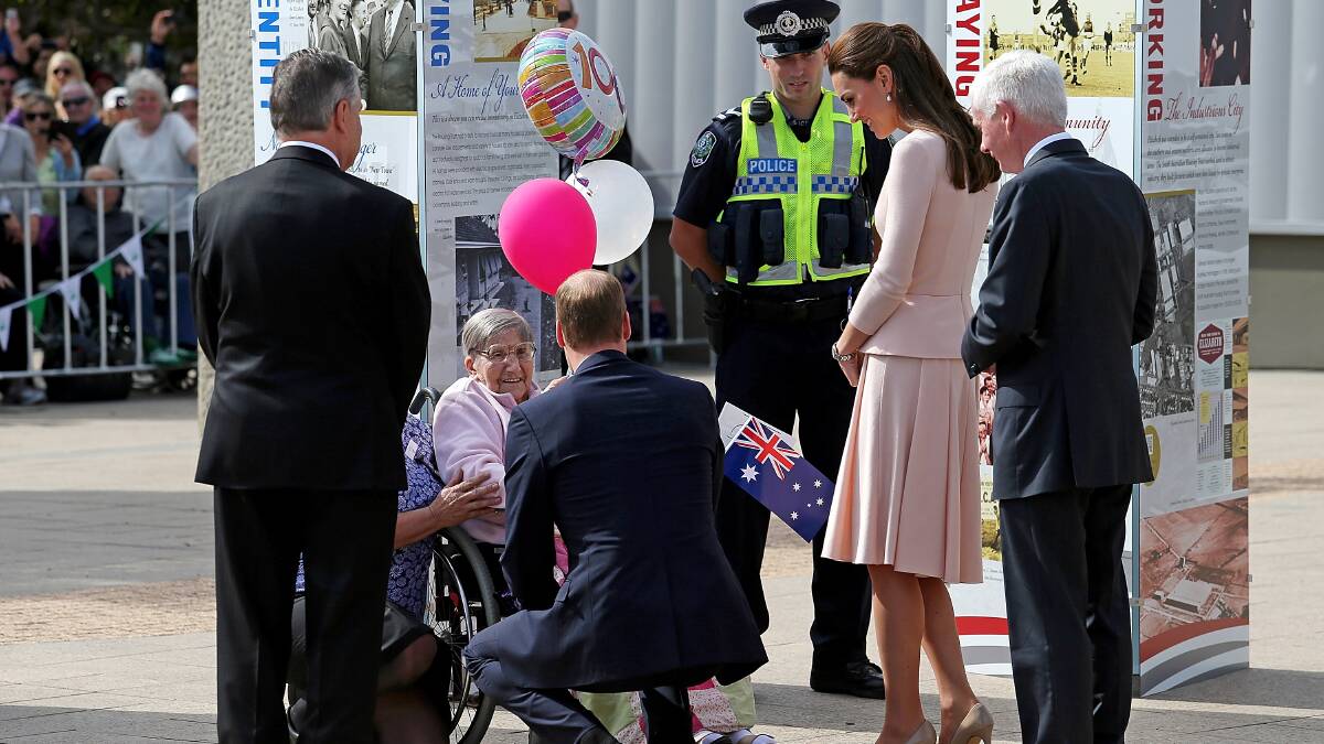 Prince William, Duke of Cambridge and Catherine, Duchess of Cambridge greets 100-year-old Monica Swarbrick out front of the Playford Civic Centre. Photo: Getty Images