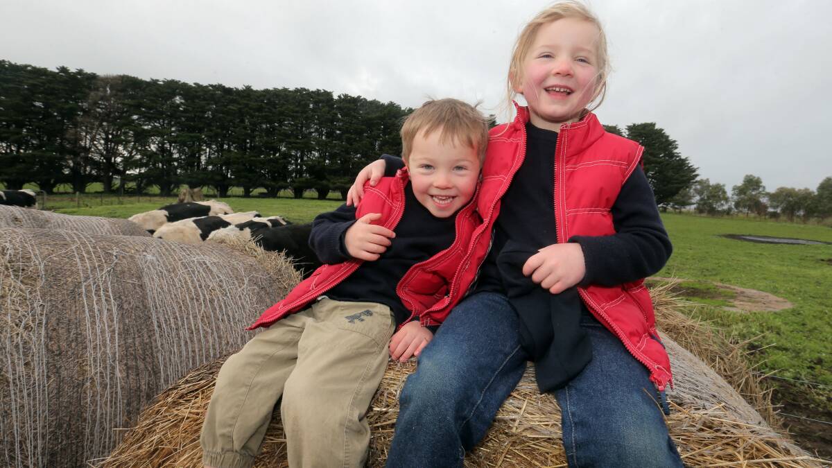 Framlingham's Andrew Taylor, 4, and Ariana Taylor, 5, wait at the Britnell's farm in Woolsthorpe for the arrival of PM Tony Abbott. Picture: ROB GUNSTONE