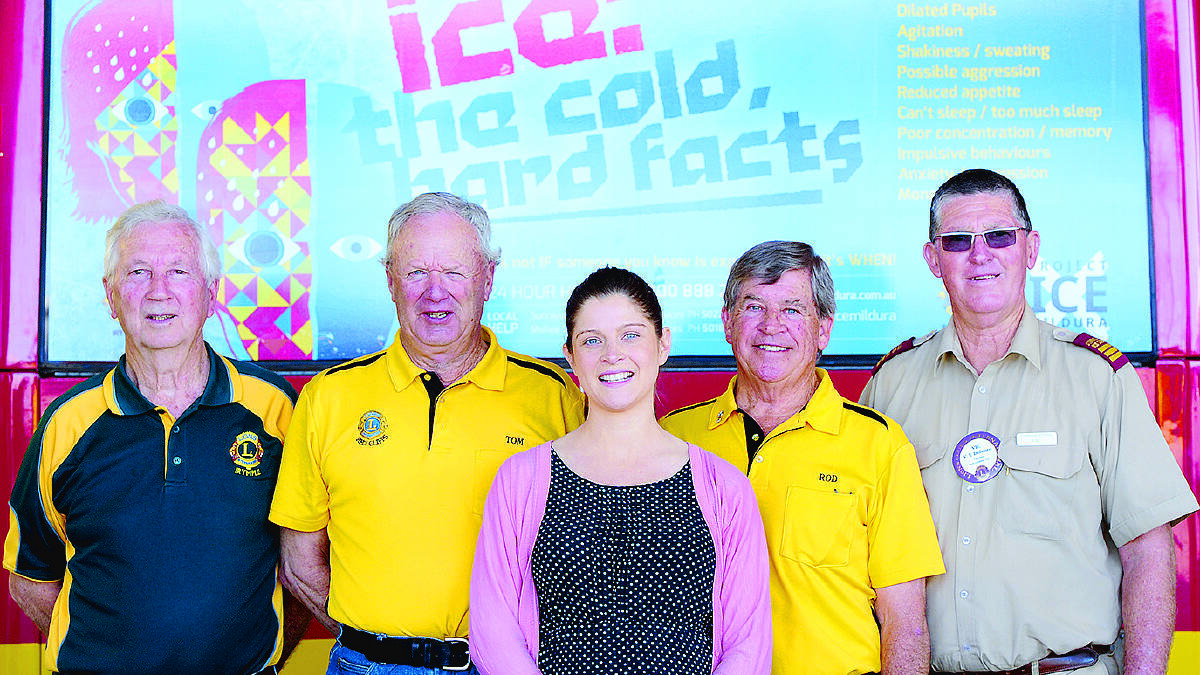 Standing firm: Irymple Lions Club charter member John Tattersal, Red Cliffs Lions Club president Tom Leach, Project Ice co-ordinator Rebecca Alderton, Red Cliffs Lions Club board member Rod Gray and Red Cliffs Lions Club member and Sunraysia Bus Lines driver Vic Dolenec.  Picture: Carmel  Zaccone