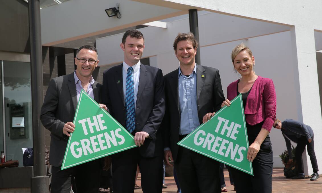 Greens senators Richard Di Natale (left) and Larissa Waters spent time in the south-west yesterday with Greens candidate for South West Coast Thomas Campbell (second from left) and Western Victoria candidate Lloyd Davies. 141009VH20 Picture: VICKY HUGHSON