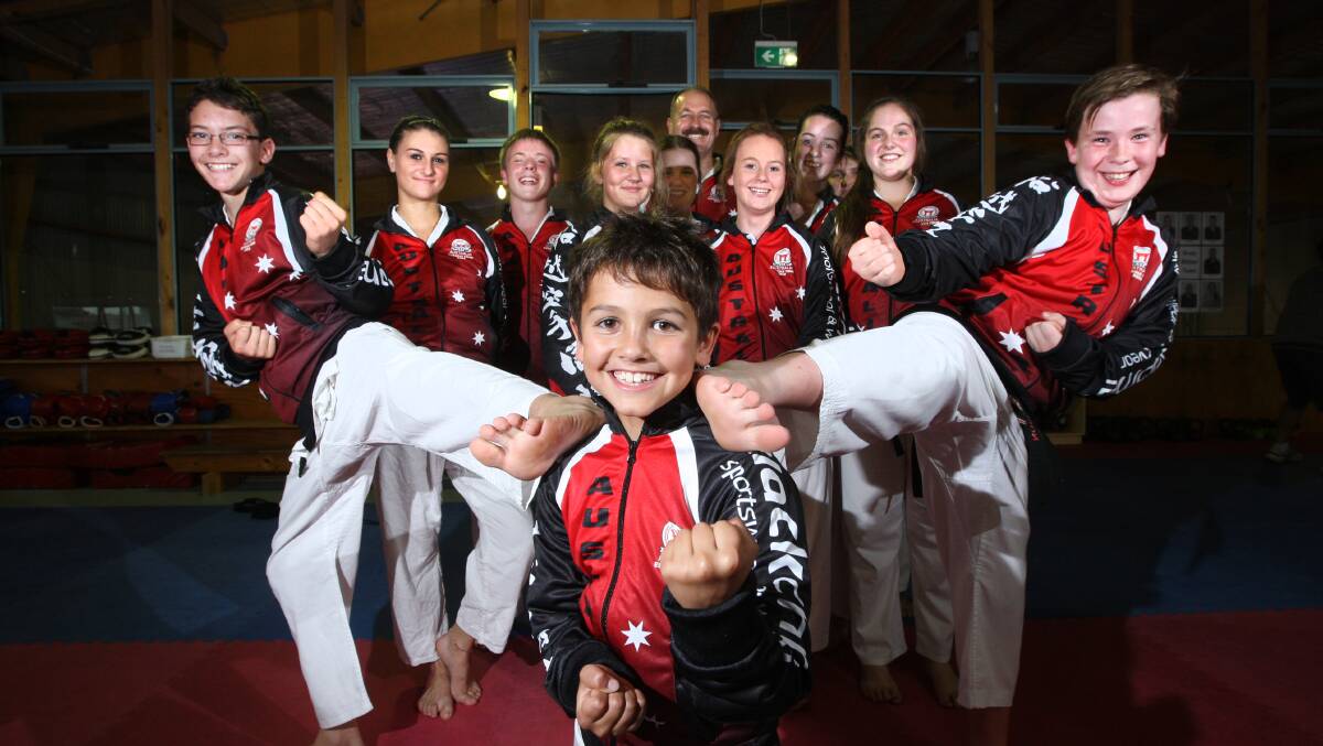 Funakoshi Karate’s Jace Nepean, 10, (front), and (back, from left to right) Joshua Bartlett, 14, Shannon Warnecke, Jack Goddyn, 16, Jaymie Bandman, Ashlee Kelly, 16, Frank McKenzie, Victoria Kelly, 15, Shanae Johnstone, 14, De’Anne Bandman, Chloe Brownsea, 15, and Garrin Williamson, 12, are among a 50-strong group that will fly out for the trip on Saturday. 
