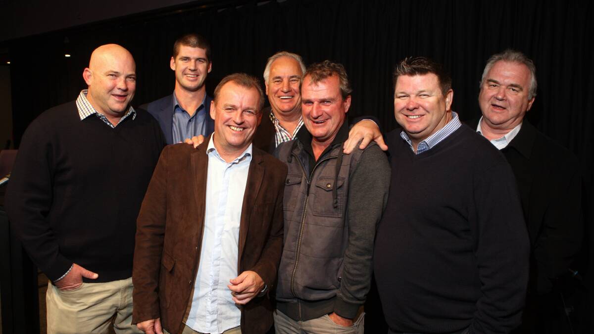 Guest speakers Peter Moody (left), Jonathan Brown, Bruce Clark, Sam Kekovich, Darren Weir and Richard Callander, pictured with sponsor representative Gerry Walsh, provided some interesting tales at Koroit Football Netball Club’s Sports Lovers’ Night in Warrnambool last night.  150505AS51 Picture: AARON SAWALL