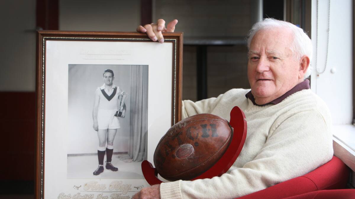 Roosters legend Ron Hoy, 81, of Warrnambool, with some of his football memorabilia.  
140714AM11      Picture: ANGELA MILNE