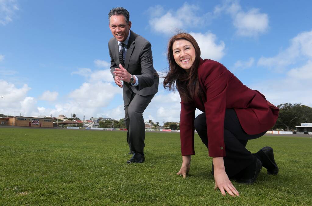 On your marks: Warrnambool mayor Michael Neoh and Stawell Athletic Club committee member Kate Williamson are combining forces in promoting the Warrnambool Gift.  141016RG09 Picture: ROB GUNSTONE
