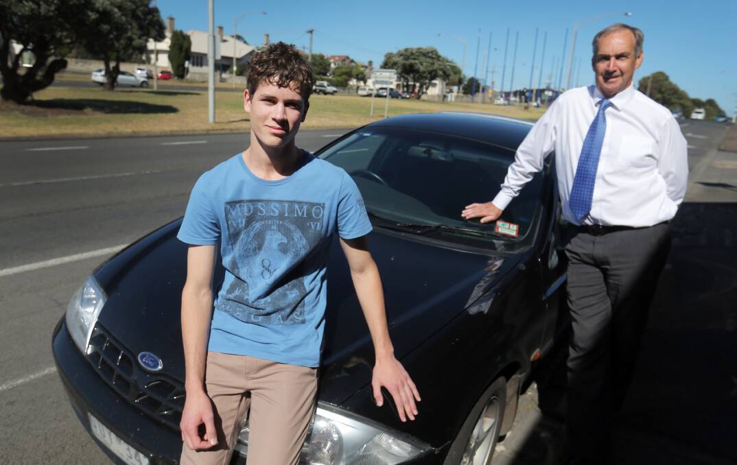 Apprentice Liam Shanahan, 17, with Vote1 Local Jobs candidate James Purcell who is calling for a change to driving laws. Picture: ROB GUNSTONE