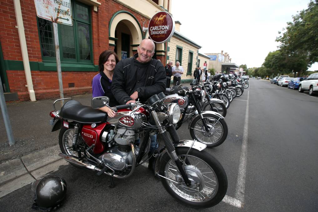 Members of Hamilton BSA Club, Sandra and Gavan Ryan, with their 1969 A65 BSA during a stopover at Mortlake on the club’s annual three-day March rally. The Ryans were among 35 enthusiasts of English motorcycles to take part. 150308DW02 Picture: DAMIAN WHITE