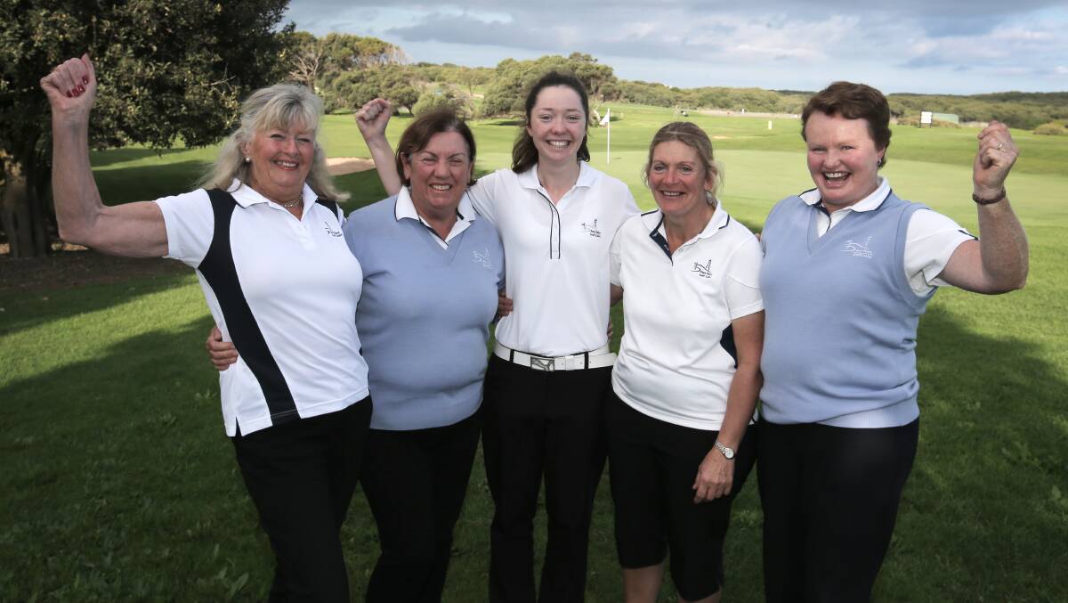 Port Fairy’s division one east versus west pennant challenge champions Sally Clark (left), Sue Holcombe, Joanna Flaherty, Vicki Johnstone and Anne Dwyer celebrate after their win. 