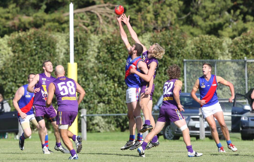 Terang Mortlake’s Ryan O’Connor benefits from front position against Jaise Coleman.      Picture: Angela Milne
