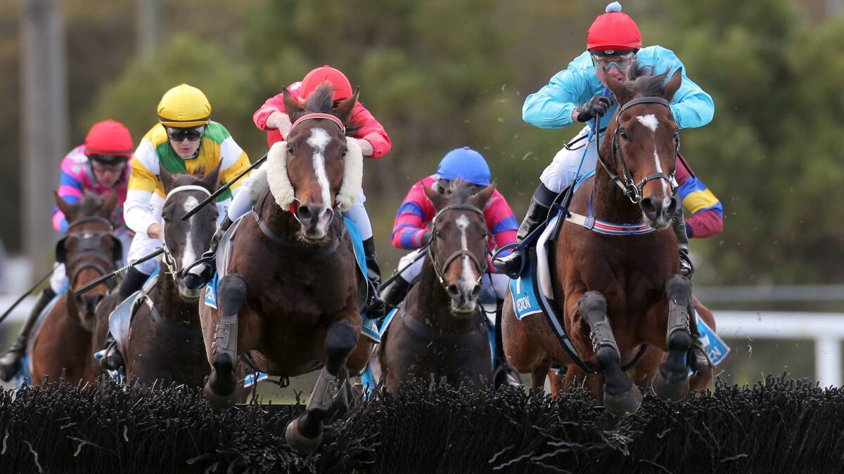 Zuhayr, ridden by Darryl Horner jnr (left), and Stand to Gain, ridden by Paul Hamblin, clear the final hurdle together as they head for home in the Galleywood Hurdle. 