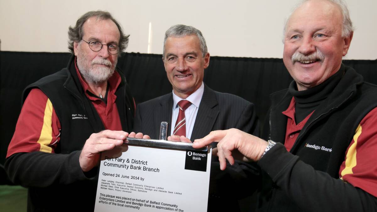 Port Fairy community bank’s Ralph Leutton, Ashley King and Peter Langley celebrate the opening. 
