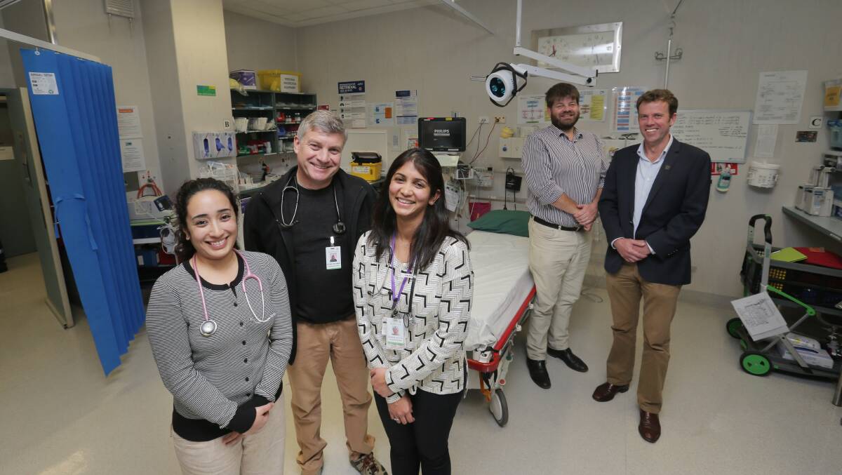 Dr Karishna Karki (left), Dr Daniel McCubbery and Dr Veena Patheyar in South West Healthcare’s emergency department where they are undertaking specialist training, with Dr Tim Baker and  member for Wannon Dan Tehan. 150421VH40 Picture: VICKY HUGHSON