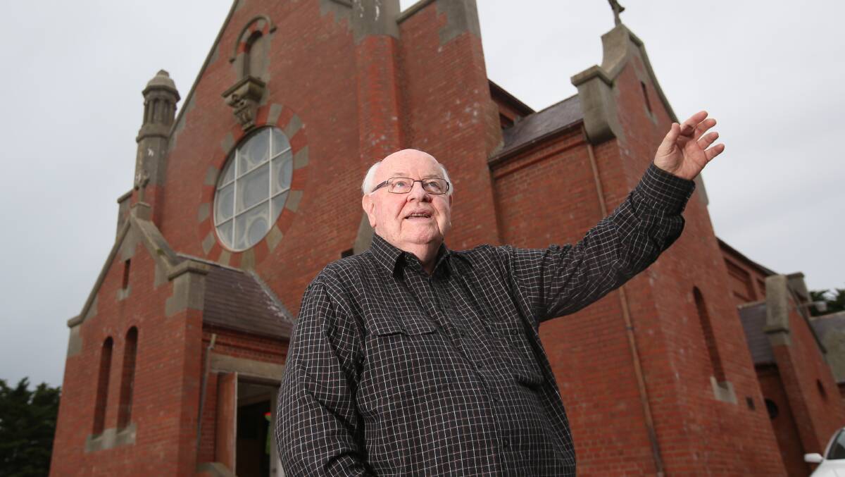 Father Bob Maguire outside St Brigid’s church at Crossley yesterday. 