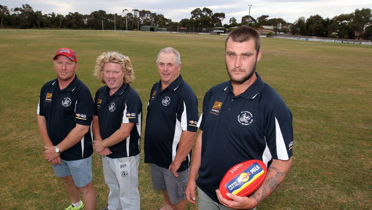 Allansford recruit James Keane (far right) with the Cats’ new line-up — reserves coach Jason Fowler, football operations manager Nathan Adams and president Stuart Trotman. 
141113DW29 Picture: DAMIAN WHITE