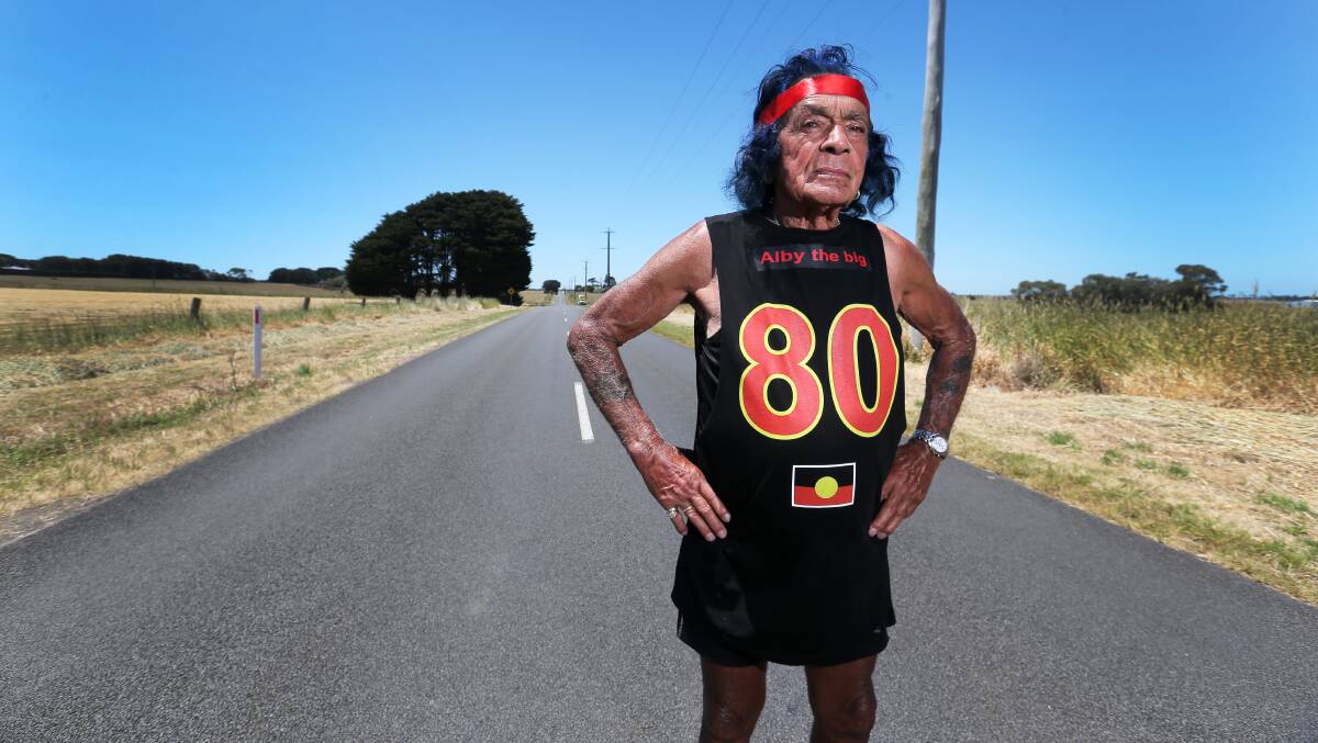 Alby Clarke runs a marathon distance from Warrnambool to Framlingham, and back, to celebrate his 80th birthday. 141128RG32 Picture: ROB GUNSTONE