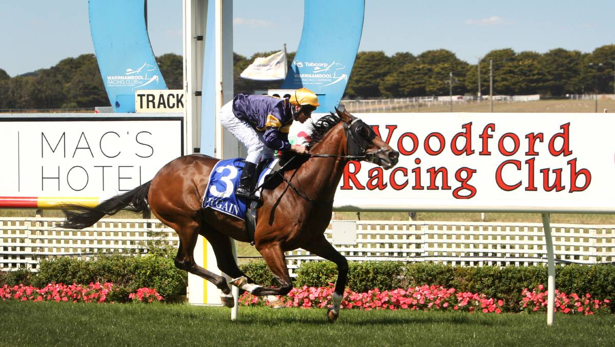 Mike Moroney-trained galloper Garud, ridden by Ryan Maloney, has 1½ lengths to spare at the finish of the Woodford Cup (1700m).