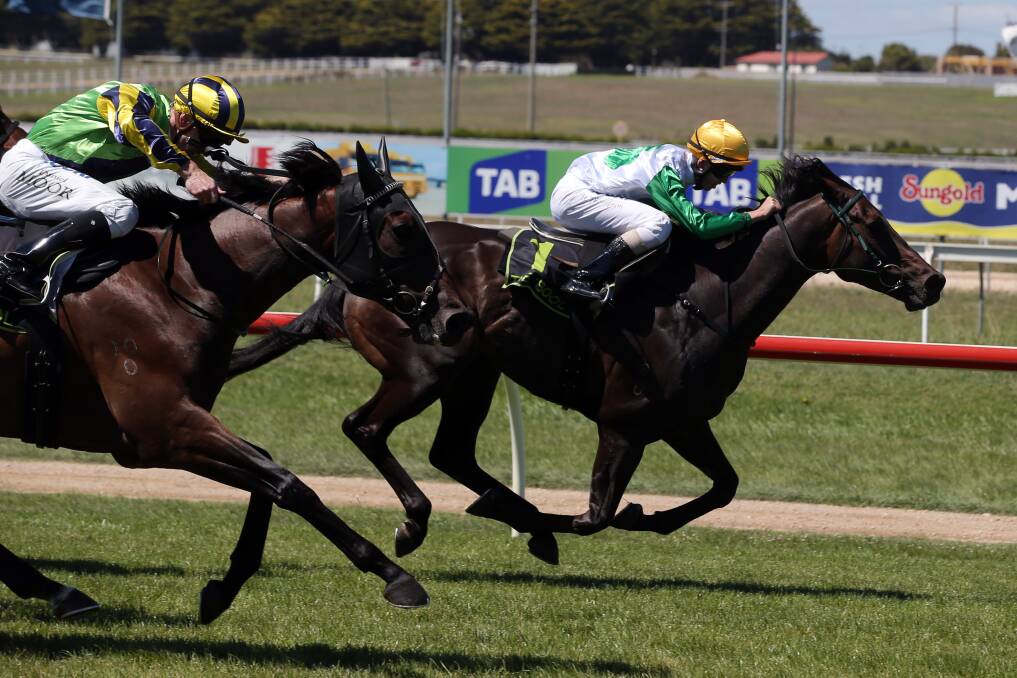 On board Australian Venture, Ben Thompson holds off the Michael Moroney-trained Our Valdivia ridden by Daniel Moor to win the $30,000 showcase benchmark 64 race at Warrnambool yesterday.
