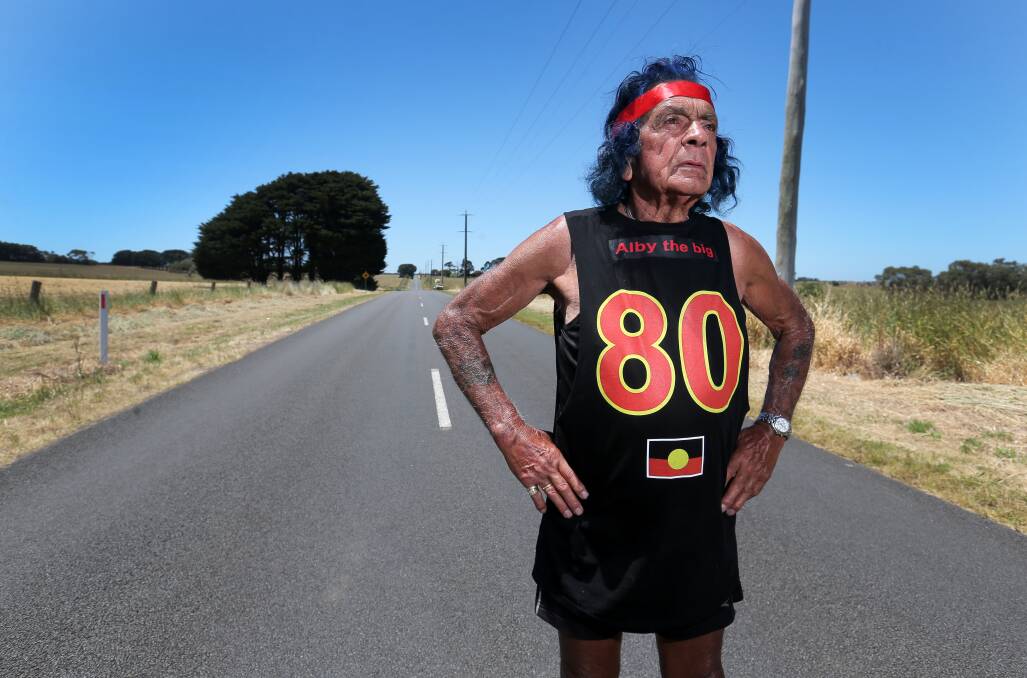 Alby Clarke’s OAM is for promoting indigenous health and sport. He is pictured on a marathon run to celebrate his 80th birthday. 141128RG31 Picture: ROB GUNSTONE
