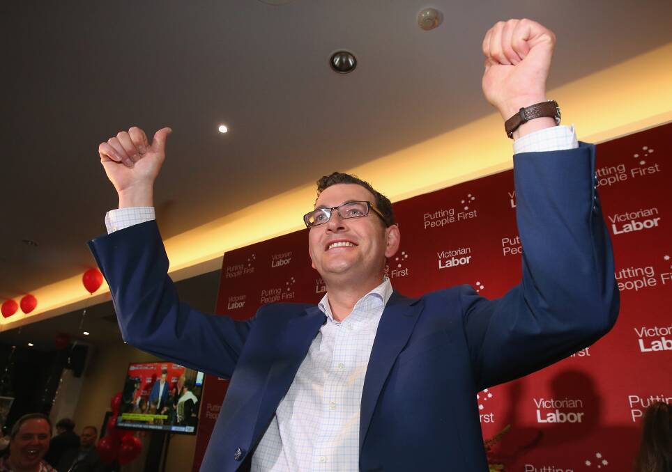 New Victorian Premier Daniel Andrews celebrates victory for the Labor party in Saturday’s election.  Pictures: FAIRFAX