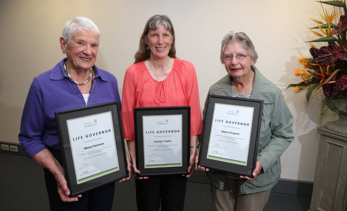 Mona Swinton (left), Carolyn Taylor, Gwen Grayson have been acknowledged with life governor awards from South West Healthcare. Another recipient, Ray Hoy, was absent. 141120DW35 Picture: DAMIAN WHITE