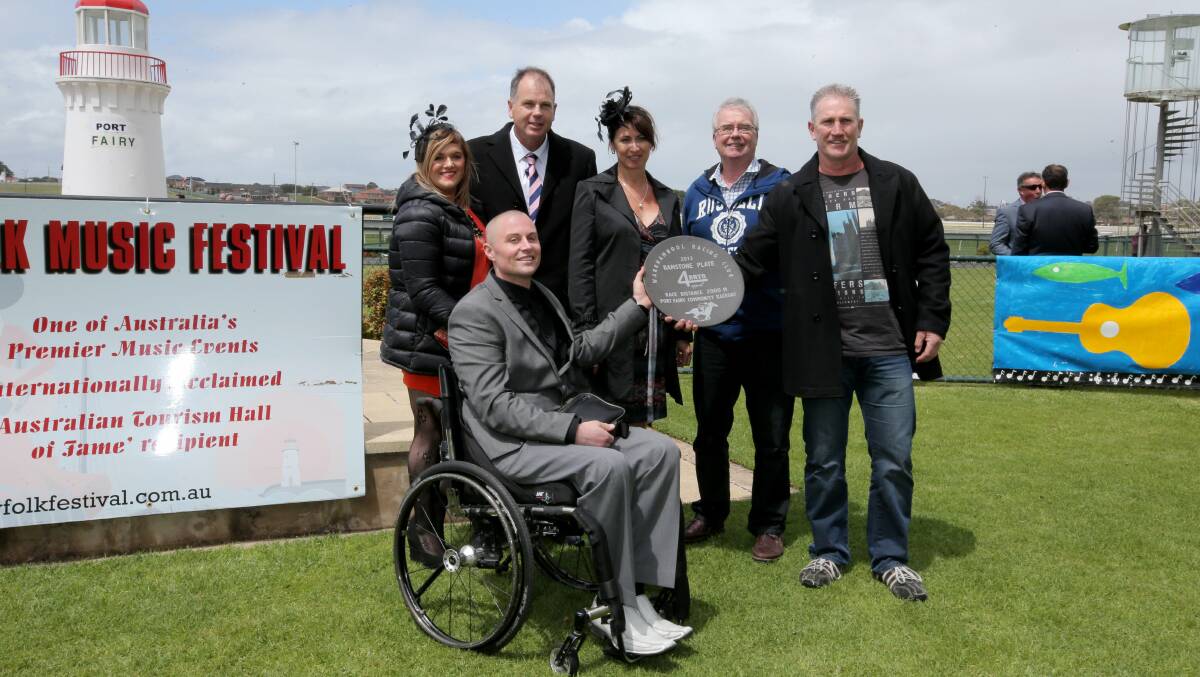 Winners of the Warrnambool Racing Club 2013 Bamstone Plate 4 Bryn Appeal. L-R: Carley Hickamn, Bryn Murfett, Michael Steel from Bamstone and owners the winning horse, Finley Harper, Roberta Angland, Paul Carter and Colin Duffy.