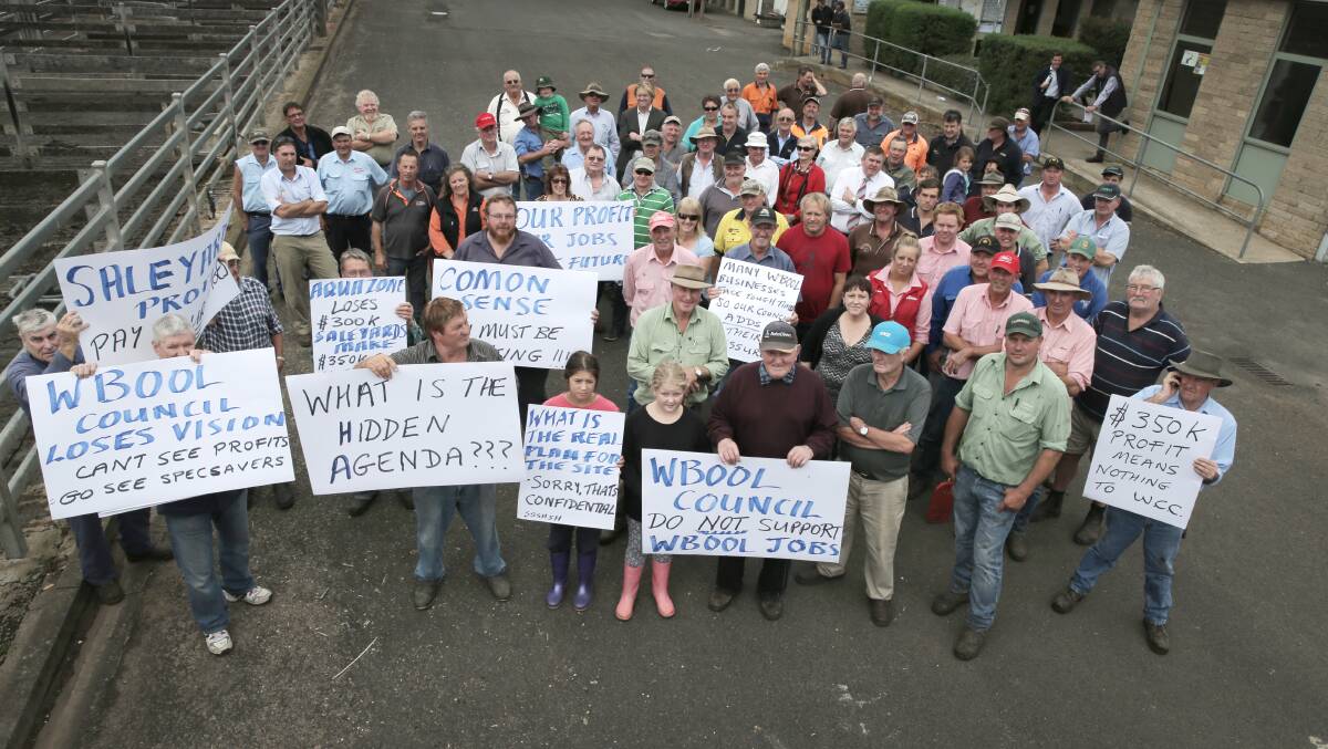 Stock agents, local business, and farmers gather together to protest the council's plan to move the Warrnambool Saleyards. Picture: ROB GUNSTONE