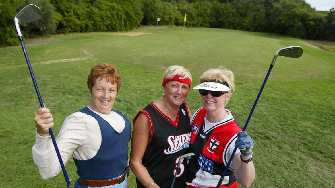 Warrnambool Golf Club ladies Cris Johnson who dressed as a weightlifter, Lesley Cooper as a basketball player, and Joy Bolden as a football player for their sports star dressup day.