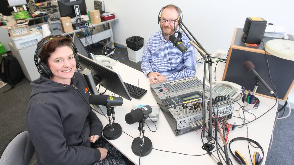ABC Open producer Emily Bissland and breakfast presenter Jeremy Lee at Warrnambool's ABC studio earlier this year. Picture: VICKY HUGHSON
