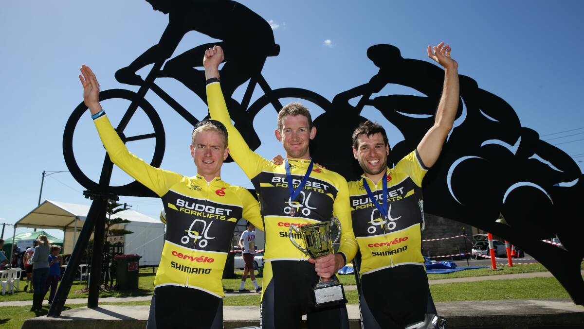 Melbourne to Warrnambool winner Samuel Horgan is flanked by Budget Forklifts teammates Jack Anderson and third Jacob Kauffmann after their clean sweep of October's big race. Picture: AARON SAWALL