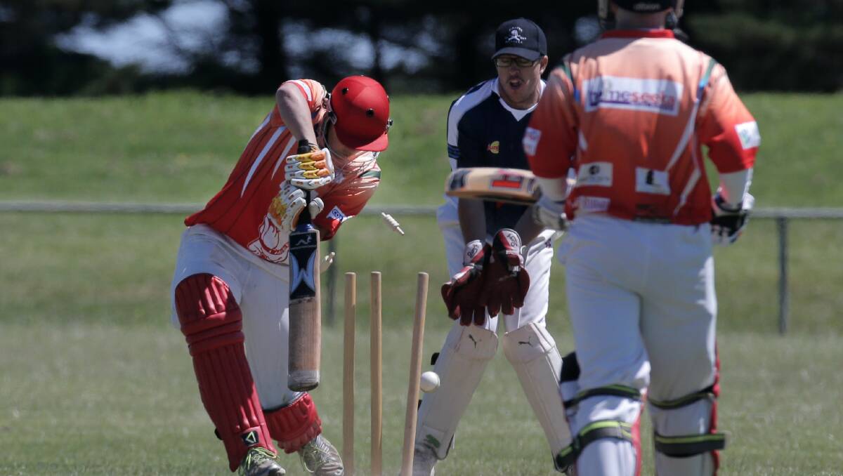 Dennington batsman Brayden Beks is bowled for one in his team’s innings of 201 against Port Fairy. It proved a winning total. Picture: AARON SAWALL