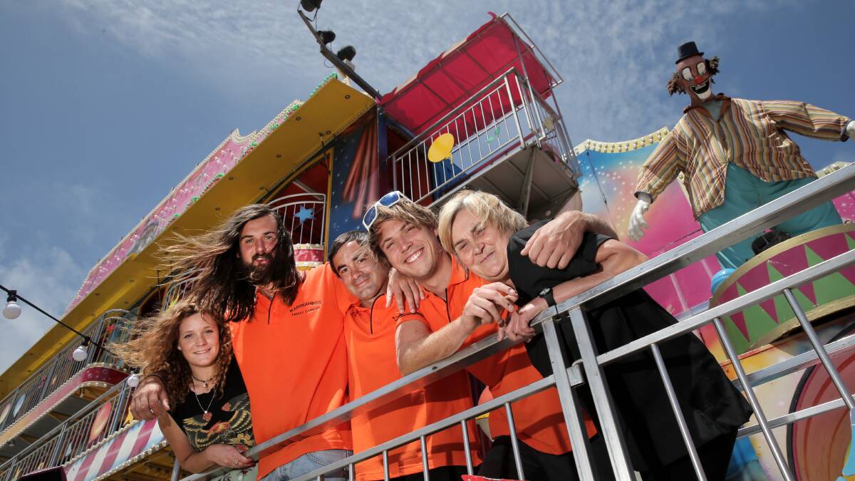The Warrnambool Family Carnival is back in town with workers Edwina Johnstone (left), Kristofer Verfurth, David Millar, Emile Verfurth jnr and Christine Woodall are ready to provide some summer foreshore entertainment. Picture: AARON SAWALL 