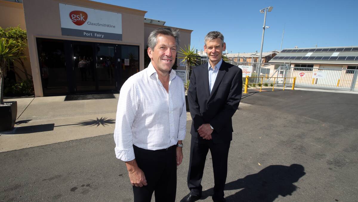 Sun Pharma chief executive officer Geoff Zipple (left) with Port Fairy site director Darby Lee after the buyout announcement in Port Fairy yesterday.