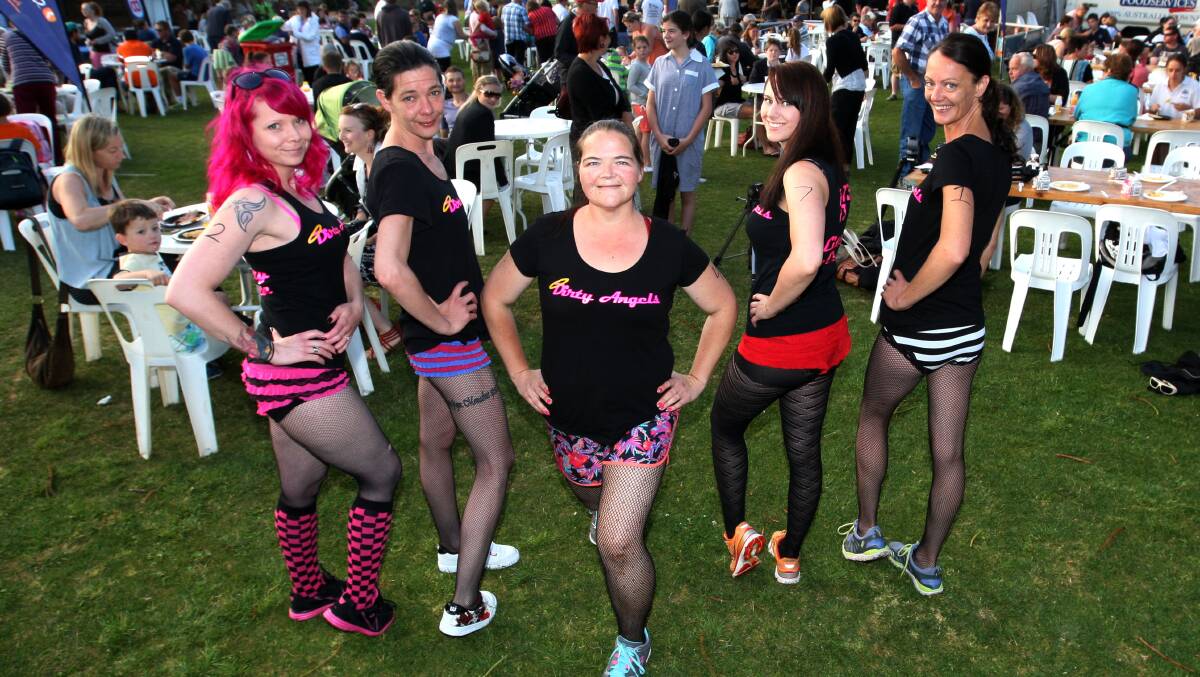 Cherry De Ville, Amie Hargreaves, Bianca Gruar, Ash Johnnson and Bec Spargue from the Dirty Angels Roller Derby team prepare for the Undy 500. Picture: LEANNE PICKETT