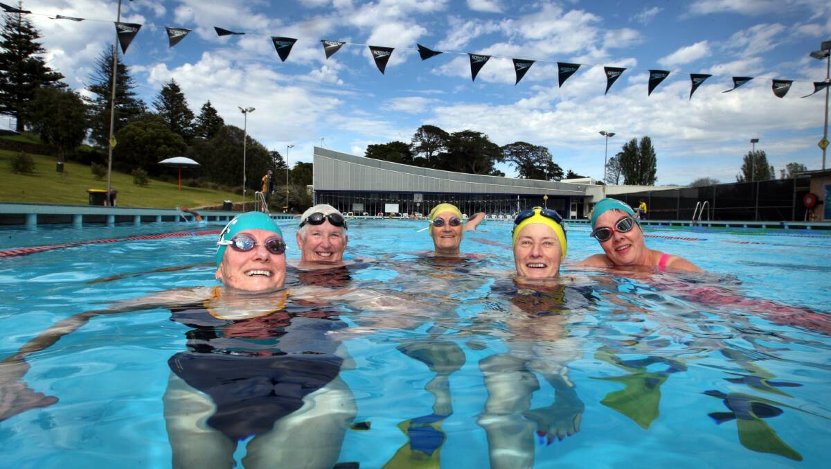 Masters swimming club members Lynn Brown (left), Lesley Goddard, Nora Hoy, Sandra Batten and Judith Brian take advantage of the limited AquaZone October opening in Warrnambool. Picture: LEANNE PICKETT