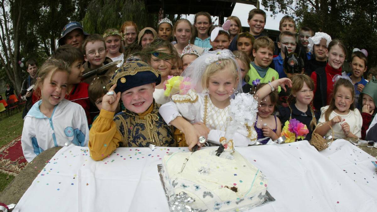 Grassmere Primary School grade 1 students Justin McCosh, 6, and Emma Askew, 6, were 'married' during the school's fairy tale wedding. 