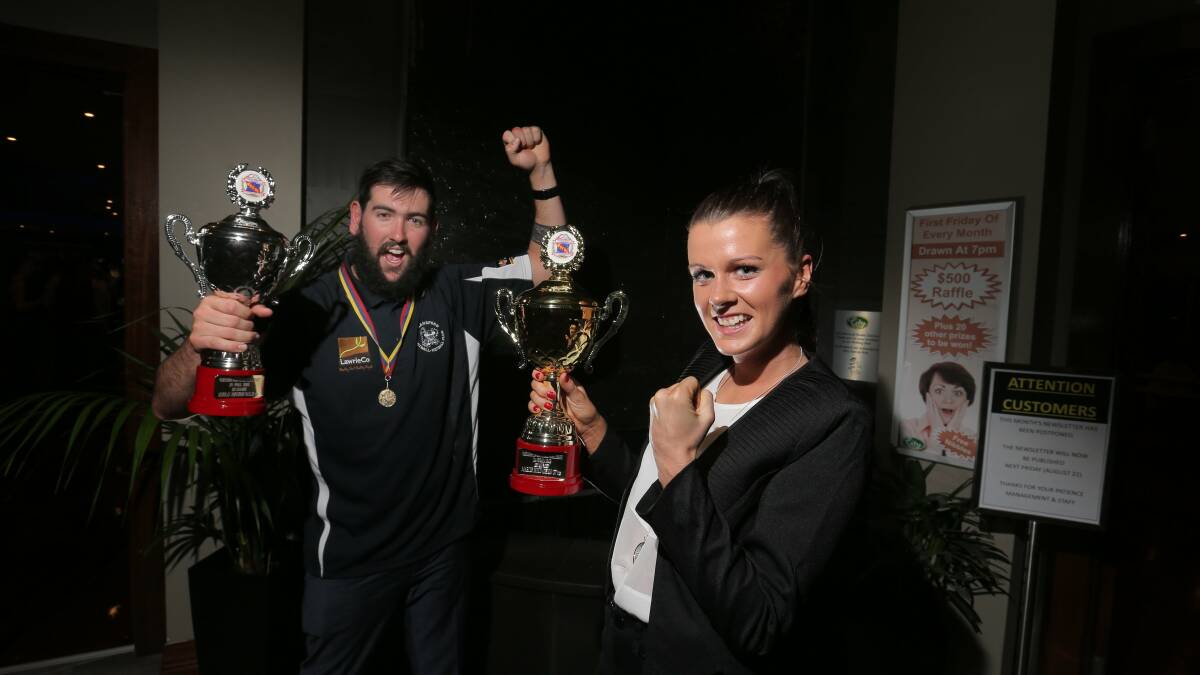 Football and Netball Best and Fairest winners Nick Johnstone from Allansford, and Marlie Boyd from Dennington celebrate their wins. Picture: AARON SAWALL