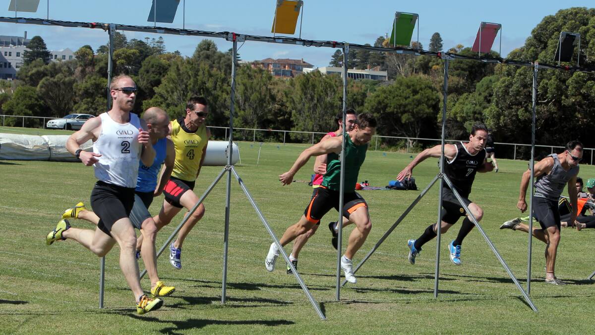First across the finish line of the Warrnambool Gift was Carl Morehouse (far left in white). PICTURE: Leanne Pickett.