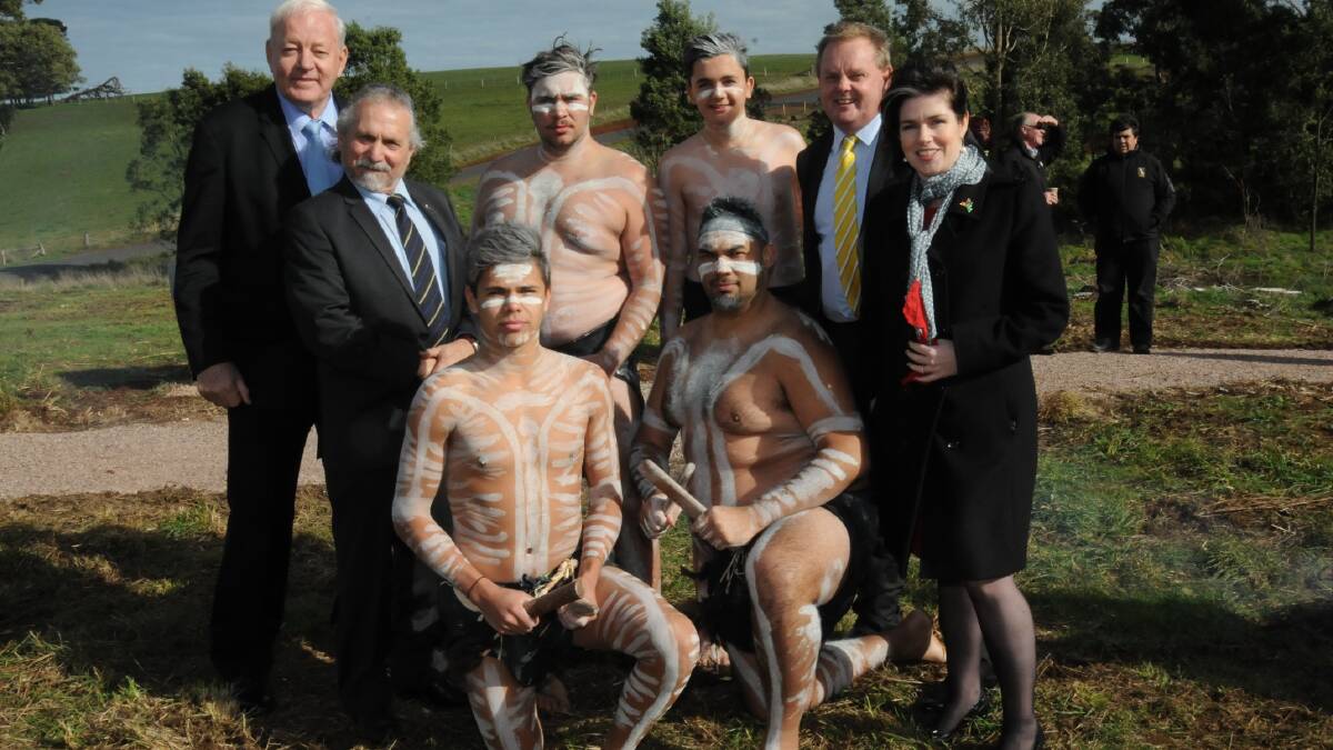 Joining the Winda Mara dancers are (from left) Wannon Water chairman John Vogels, Southern Grampians Shire mayor Albert Calvano, Minister for Aboriginal Affairs Tim Bull, and Nationals Candidate for Lowan Emma Kealy.