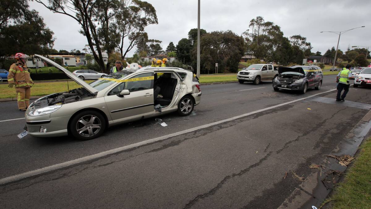 Two women were trapped after a three car smash on Raglan Parade on Saturday morning. Picture: LEANNE PICKETT
