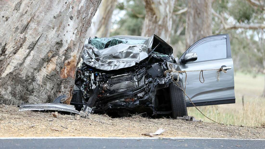 Three people died and two were injured when their car slammed into a tree near Casterton yesterday. Picture: Alex McGregor, The Border Watch