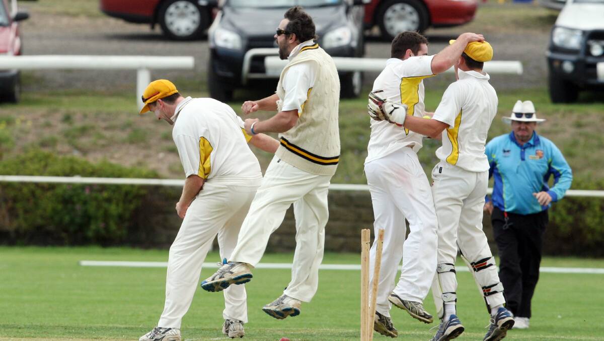 Merrivale celebrate getting Dennington's Jamie Fogarty out during the WDCA Division 1 cricket grandfinal at Merrivale Oval. Picture:LEANNE PICKETT

